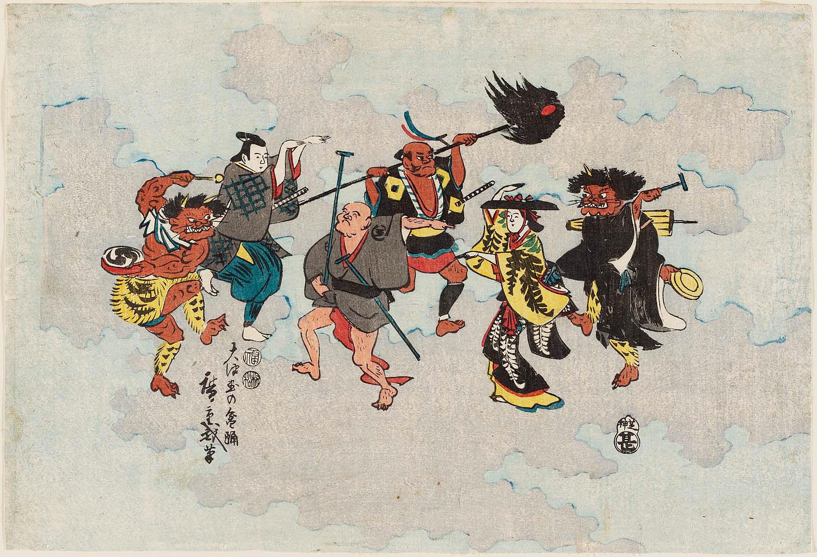 Hiroshiges - Characters from Ōtsu-e Folk Paintings Dancing the Bon-odori (Ōtsu-e no Bon-odori) - Format: Horizontal ōban