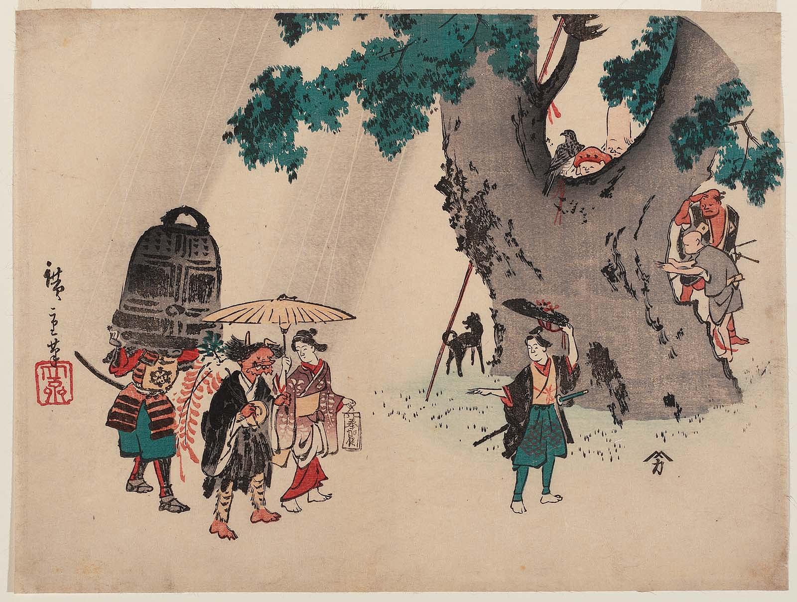 Hiroshiges - Characters from Ôtsu-e Folk Paintings Taking Shelter from Rain - Horizontal aiban format