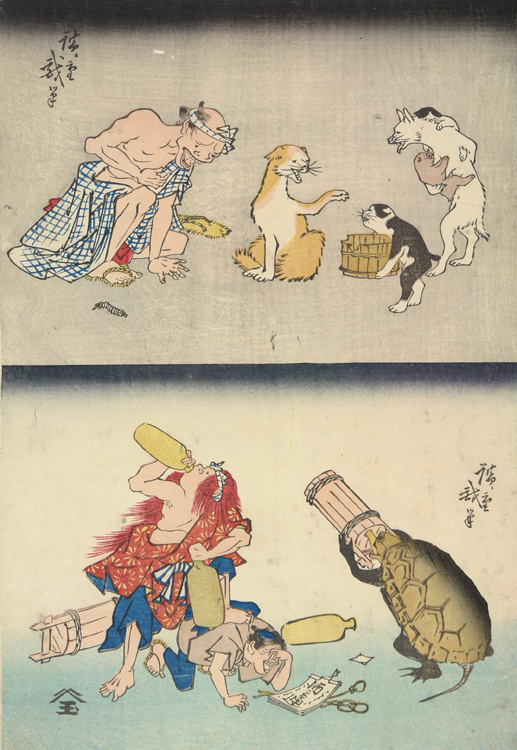 Hiroshiges - Dogs and Emergency: Ill Man; Shojo and Turtle Stealing Sake from an Errand Boy - Vertical ōban format