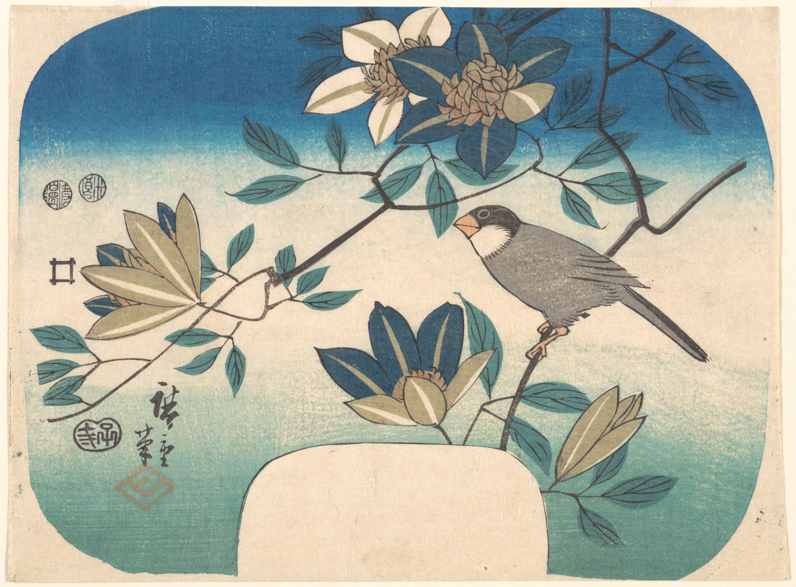 Hiroshiges - Clematis and Bird - Miscellaneous Nature Fan Prints