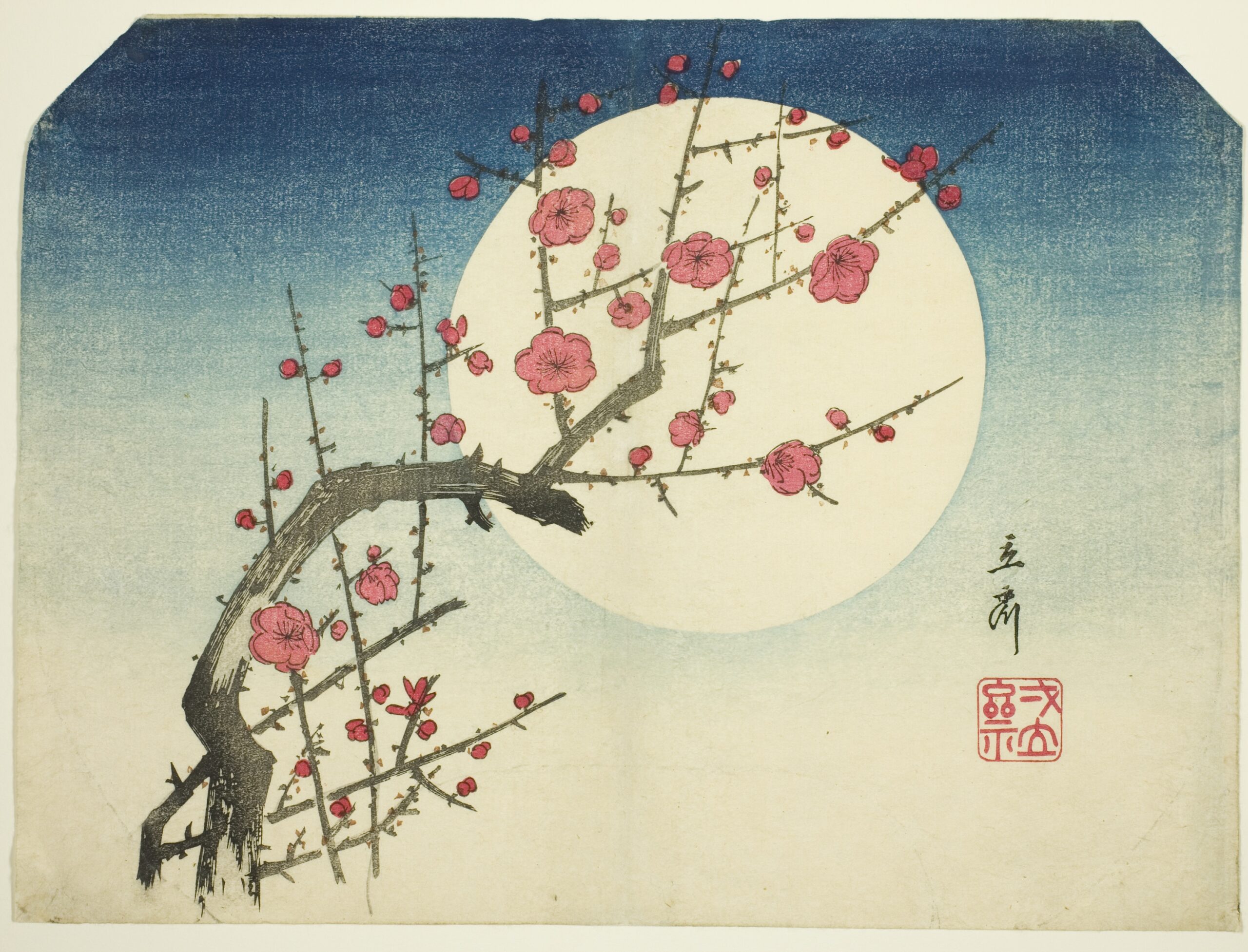 Hiroshiges - A Red Plum Branch against the Summer Moon - Miscellaneous Nature Fan Prints