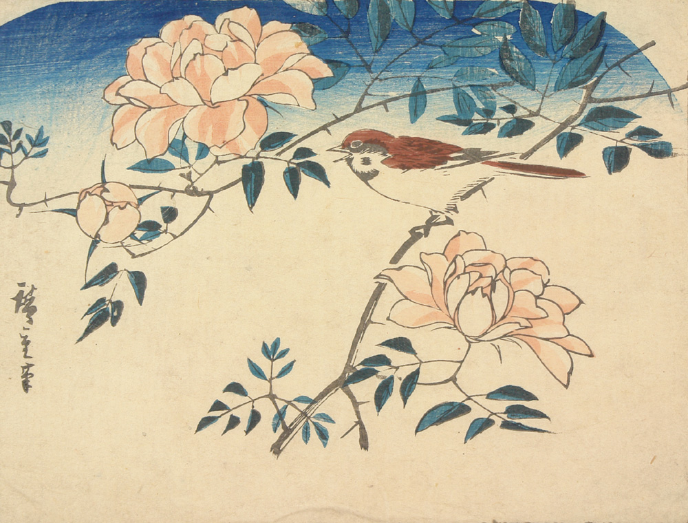 Hiroshiges - Sparrow and Roses - Miscellaneous Nature Fan Prints