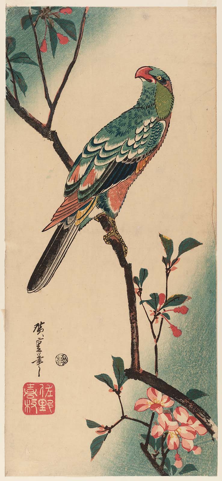 Hiroshiges - Aronia and Parrot (Kaido ni omu) - Ō-tanzaku Format