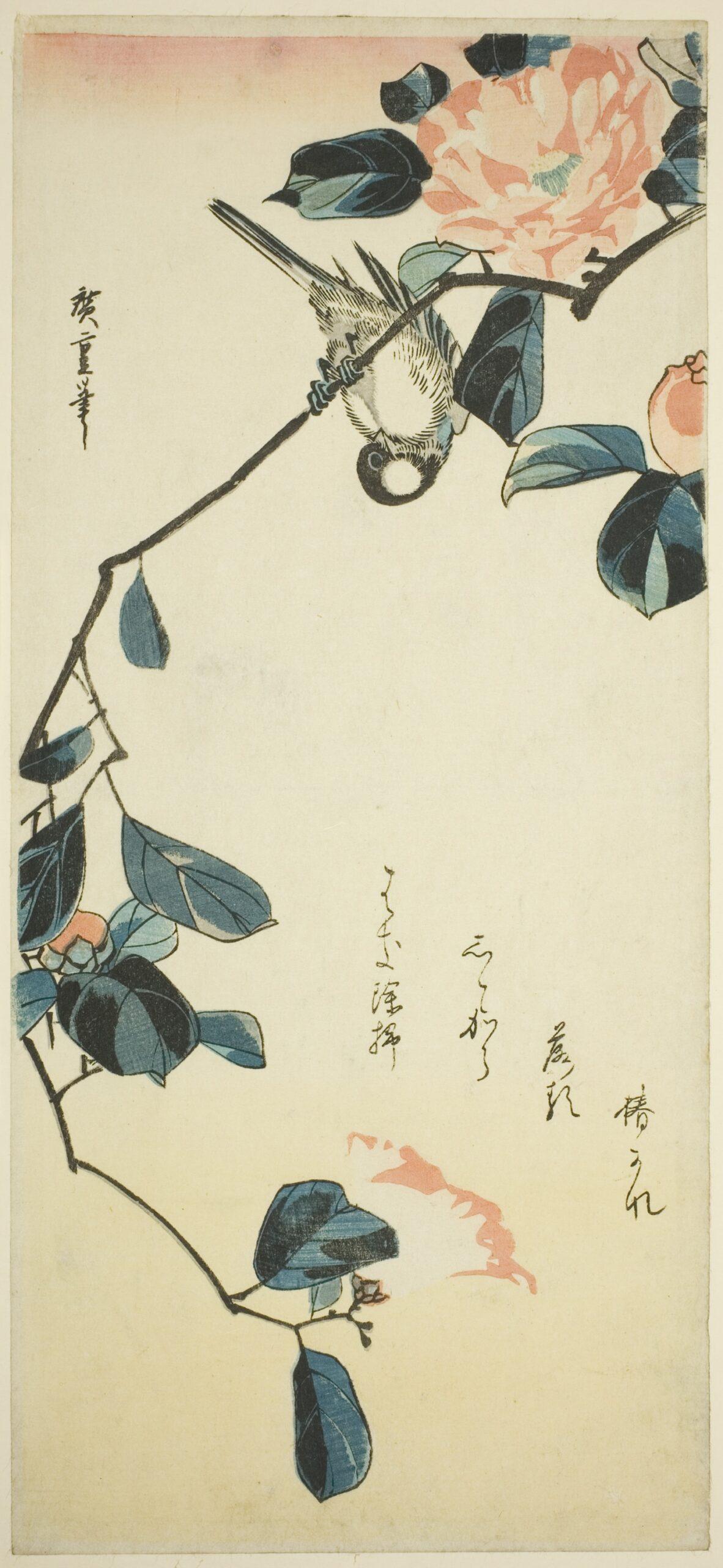 Hiroshiges - Bullfinch on Camellia Branch - Ō-tanzaku Format