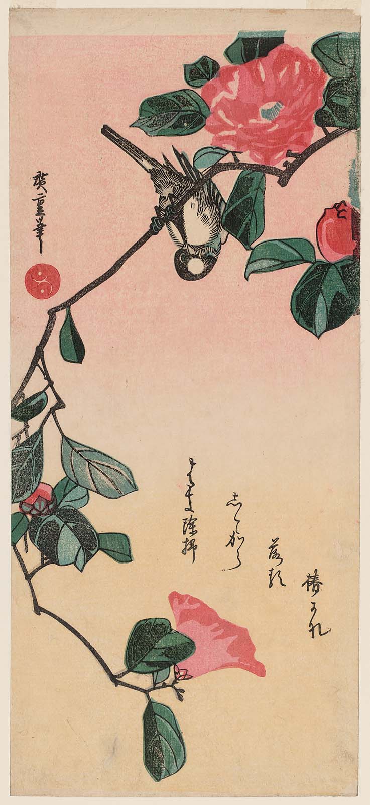 Hiroshiges - Camellia and Bullfinch (Tsubaki ni uso) - Ō-tanzaku Format