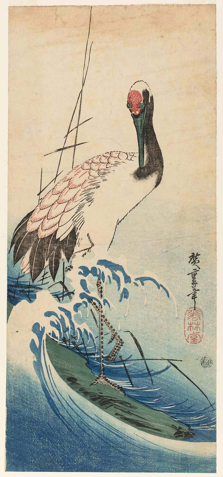 Hiroshiges - Crane, Waves, and Rising Sun - Ō-tanzaku Format