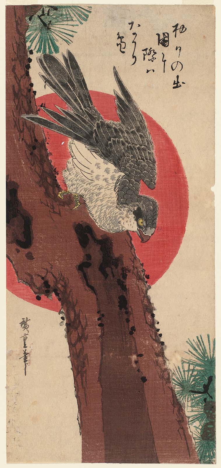 Hiroshiges - Falcon, Pine, and New Year Sunrise (Hinode ni matsu ni taka) - Ō-tanzaku Format