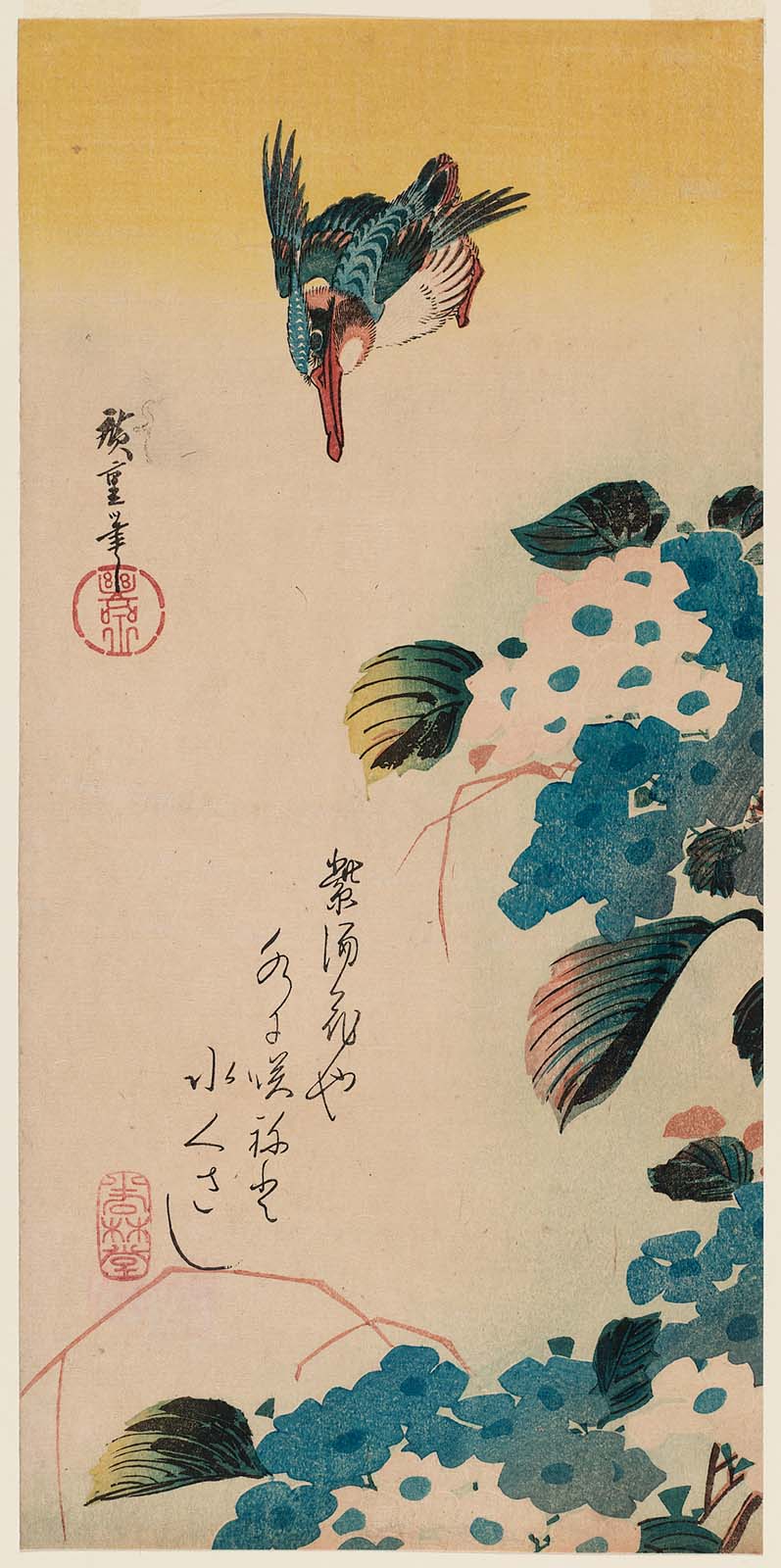 Hiroshiges - Kingfisher and Hydrangea (Ajisai ni kawasemi) - Ō-tanzaku Format