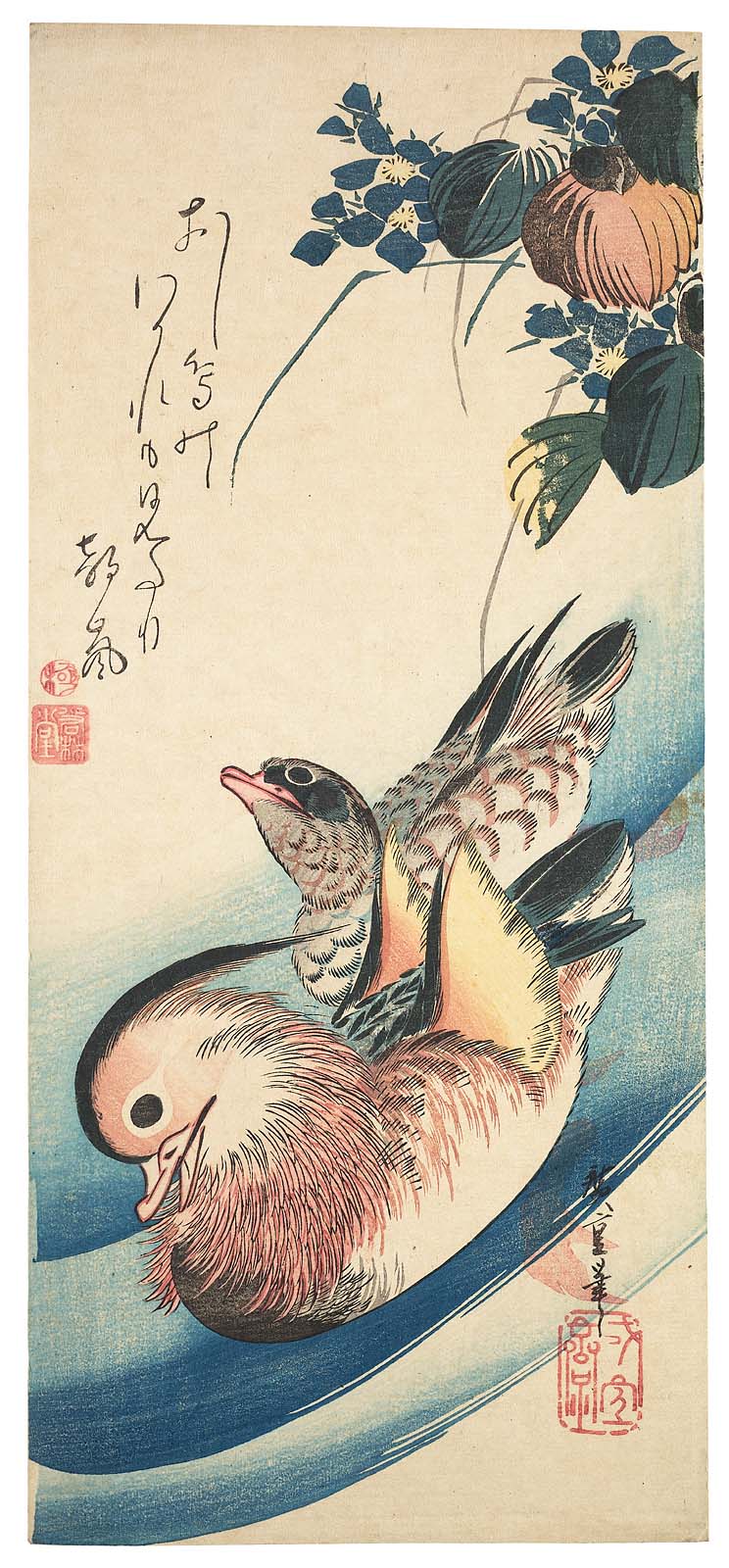 Hiroshiges - Mandarin Ducks and Water Plantain (Suichu oshidori) - Ō-tanzaku Format