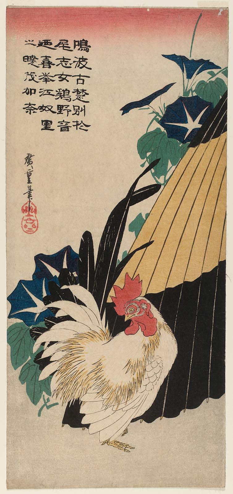 Hiroshiges - Morning Glories, Umbrella, and White Rooster (Niwatori to asagao) - Ō-tanzaku Format