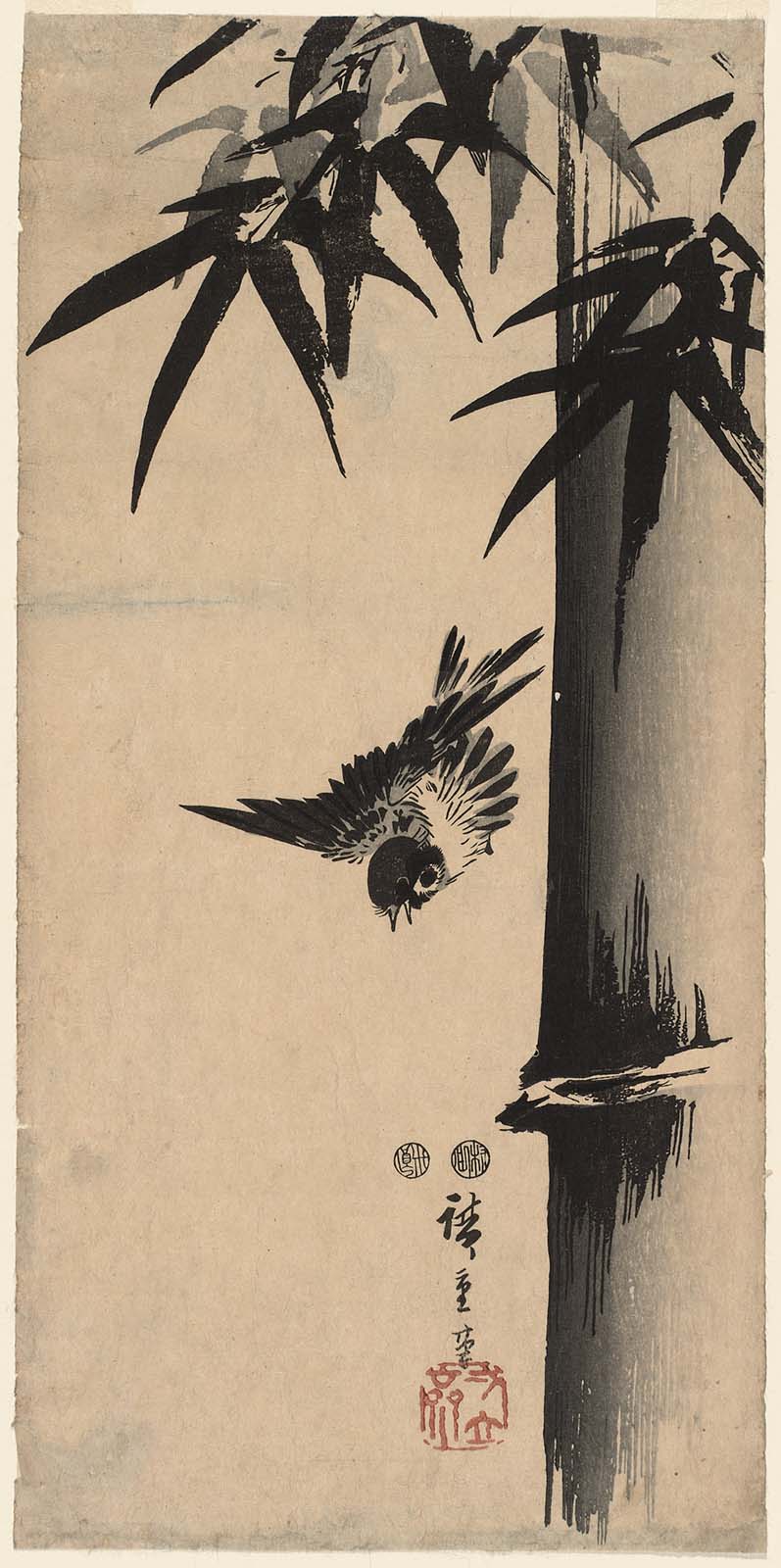 Hiroshiges - Sparrow and Bamboo - Ō-tanzaku Format