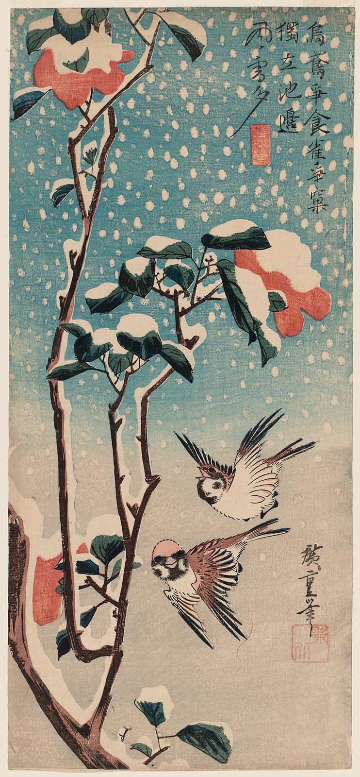 Hiroshiges - Sparrows and Camellia in Snow (Setchu Sazanka ni Suzume) - Ō-tanzaku Format