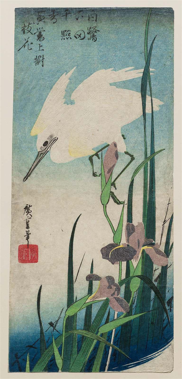 Hiroshiges - White Heron and Iris (Hanashobu ni shirasagi) - Ō-tanzaku Format