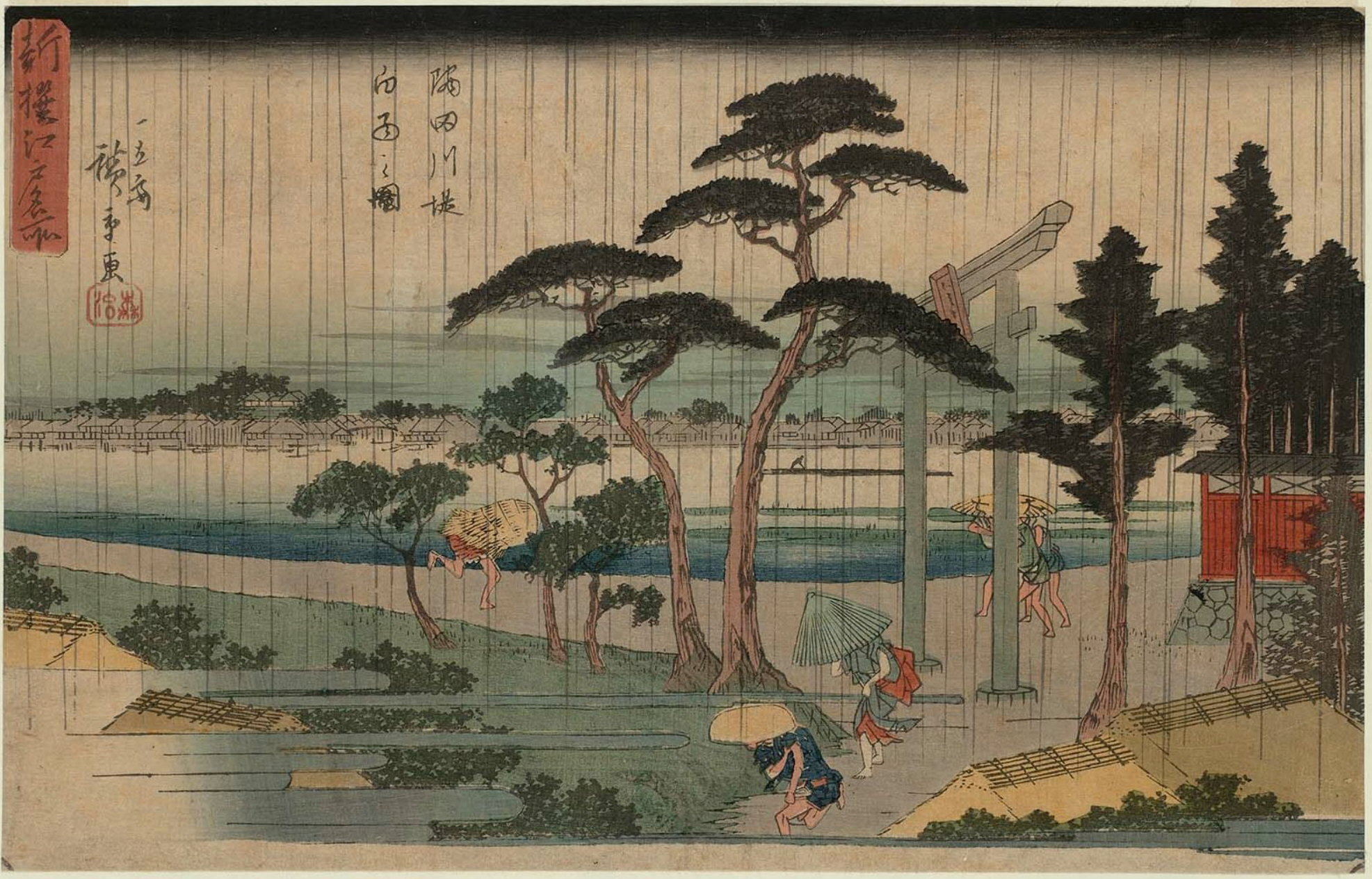 Hiroshiges - Shower on the Sumida River Embankment (Sumidagawa zutsumi hakuu no zu) - Famous Places in Edo, Newly Selected 1839-42