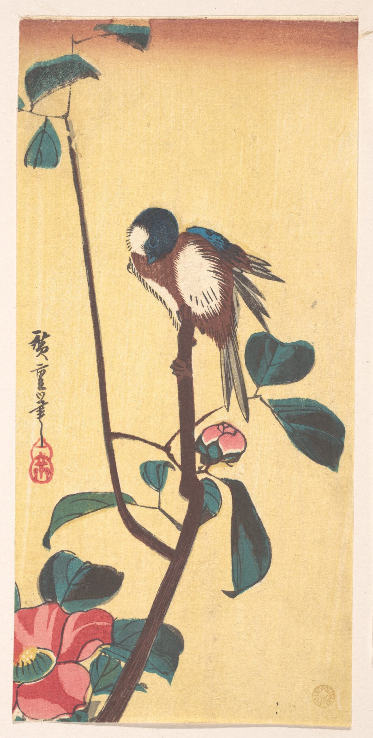 Hiroshiges - Camellia and Blue-Headed Bird - Sanchōgake Format