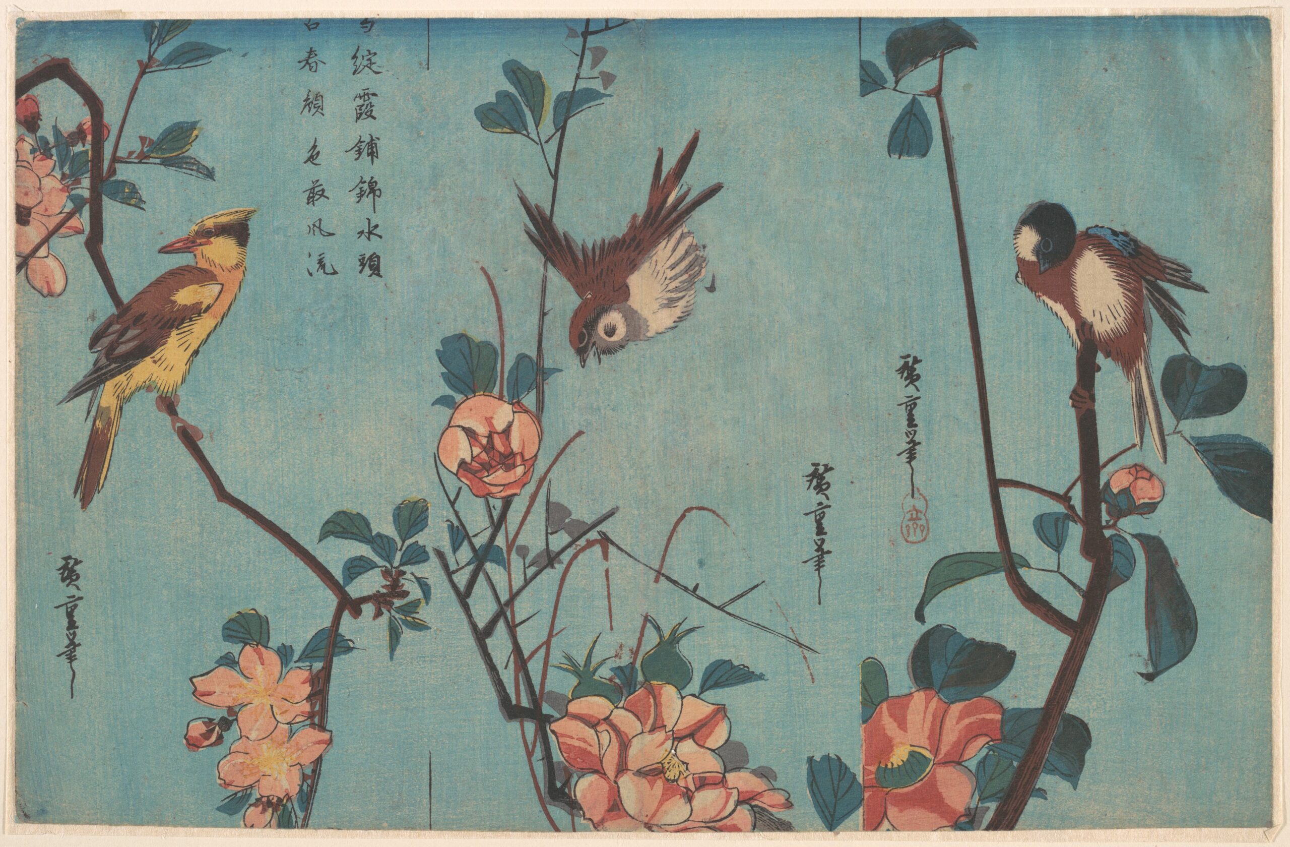 Hiroshiges - Titmouse and Camellias (R), Sparrow and Wild Roses (C), and Black-naped Oriole and Cherry Blossoms (L) - Sanchōgake Format