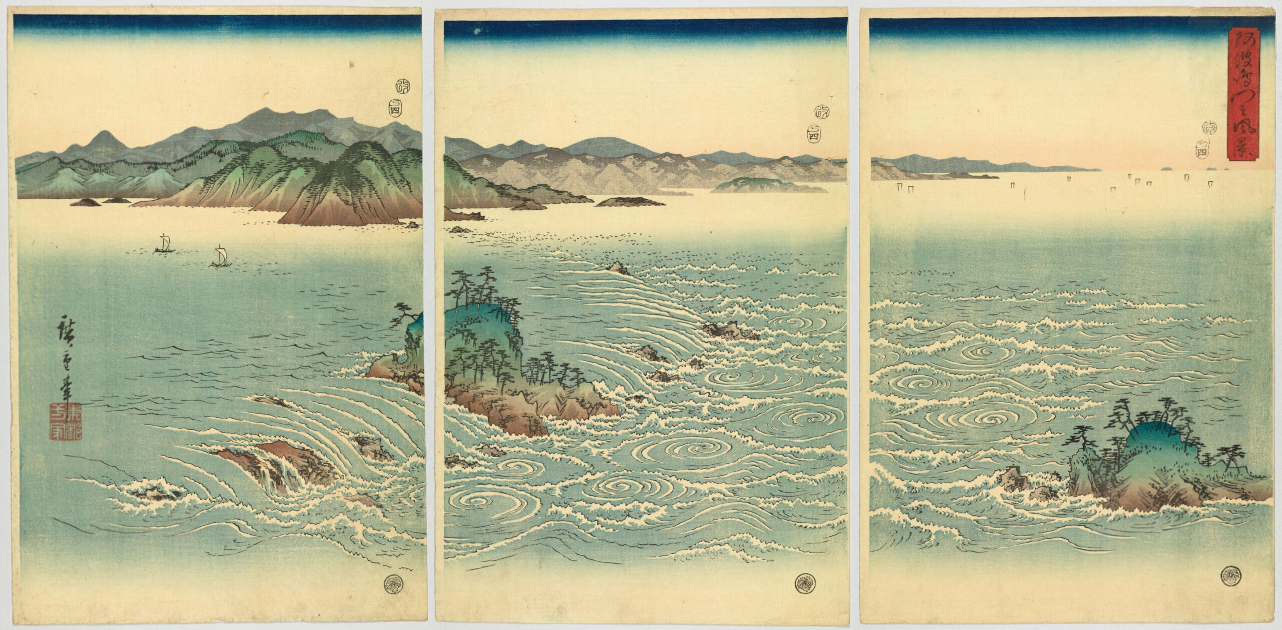 Hiroshiges - View of the Whirlpools at Awa (Awa Naruto no fūkei) - Snow, Moon and Flowers 1857