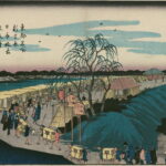 Hiroshiges - Dawn over Nihon Embankment at Emonzaka in the New Yoshiwara (Shin Yoshiwara Nihon-zutsumi Emonzaka akebono) - Famous Places in the Eastern Capital 1839-42