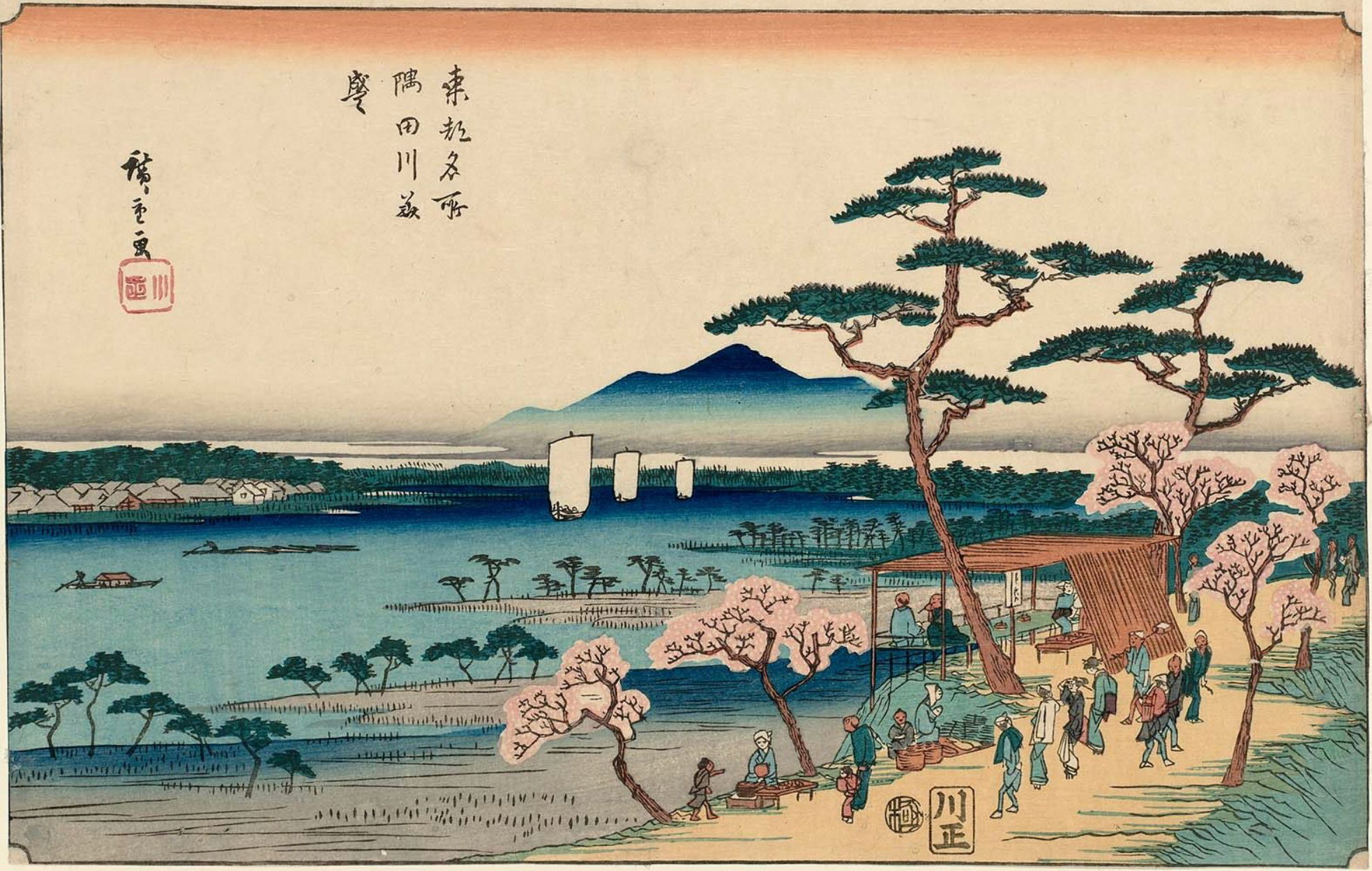 Hiroshiges - Cherry Blossoms in Full Bloom along the Sumida River (Sumidagawa hanazakari) - Famous Places in the Eastern Capital 1839-42