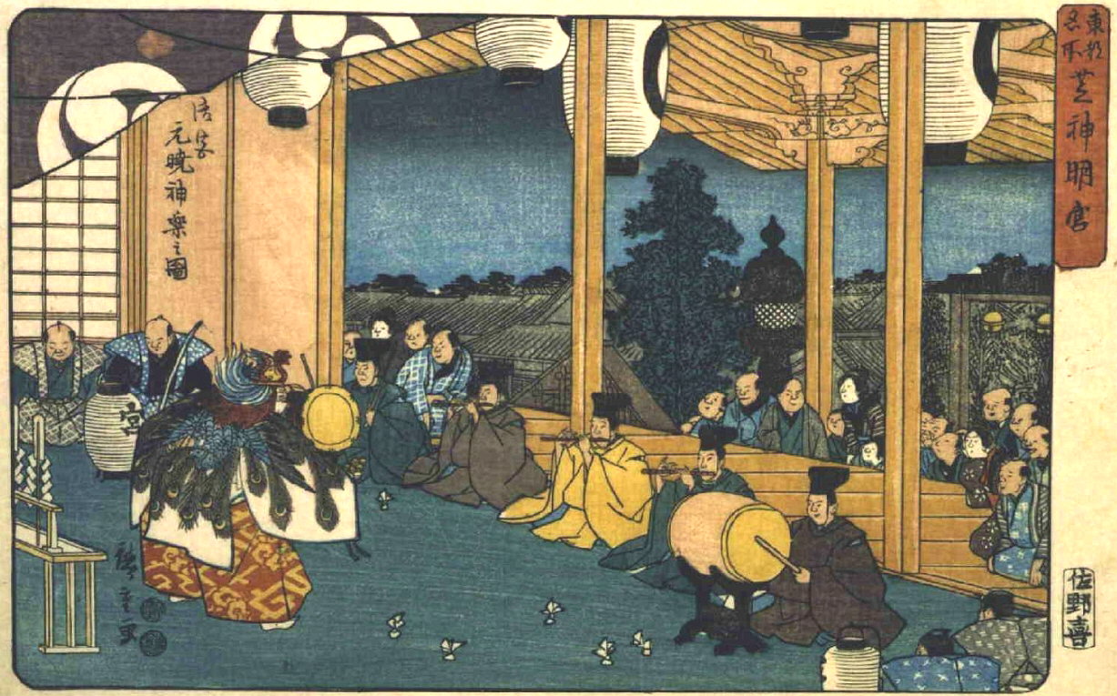 Hiroshiges - Shinmei Shrine at Shiba: Sacred Dance at the Shrine at Dawn on New Year’s Day (Shiba Shinmei, Gogū gengyō kagura no zu) - Famous Places in the Eastern Capital 1832-39, 1843-52