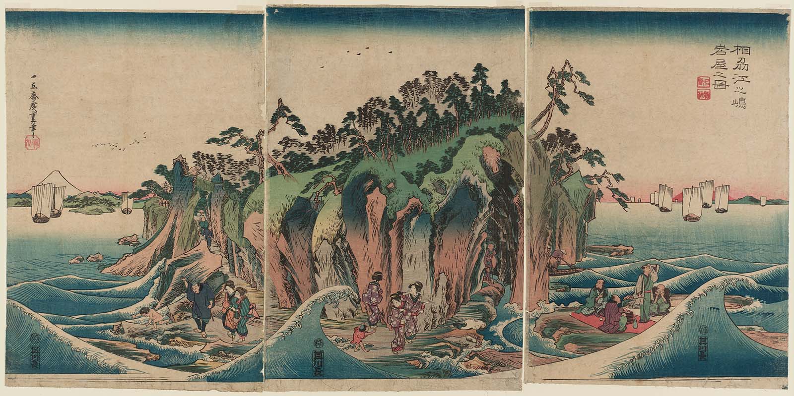 Hiroshiges - The Cave at Enoshima in Sagami Province (Sōshū Enoshima iwaya no zu) - Miscellaneous Triptychs