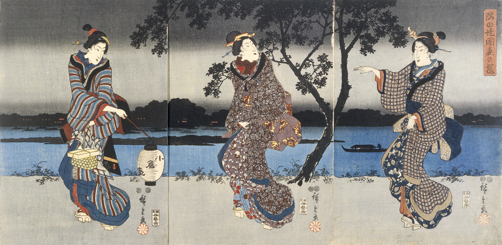 Hiroshiges - Cherry Blossoms at Night along the Sumida Embankment - Miscellaneous Edo Triptychs