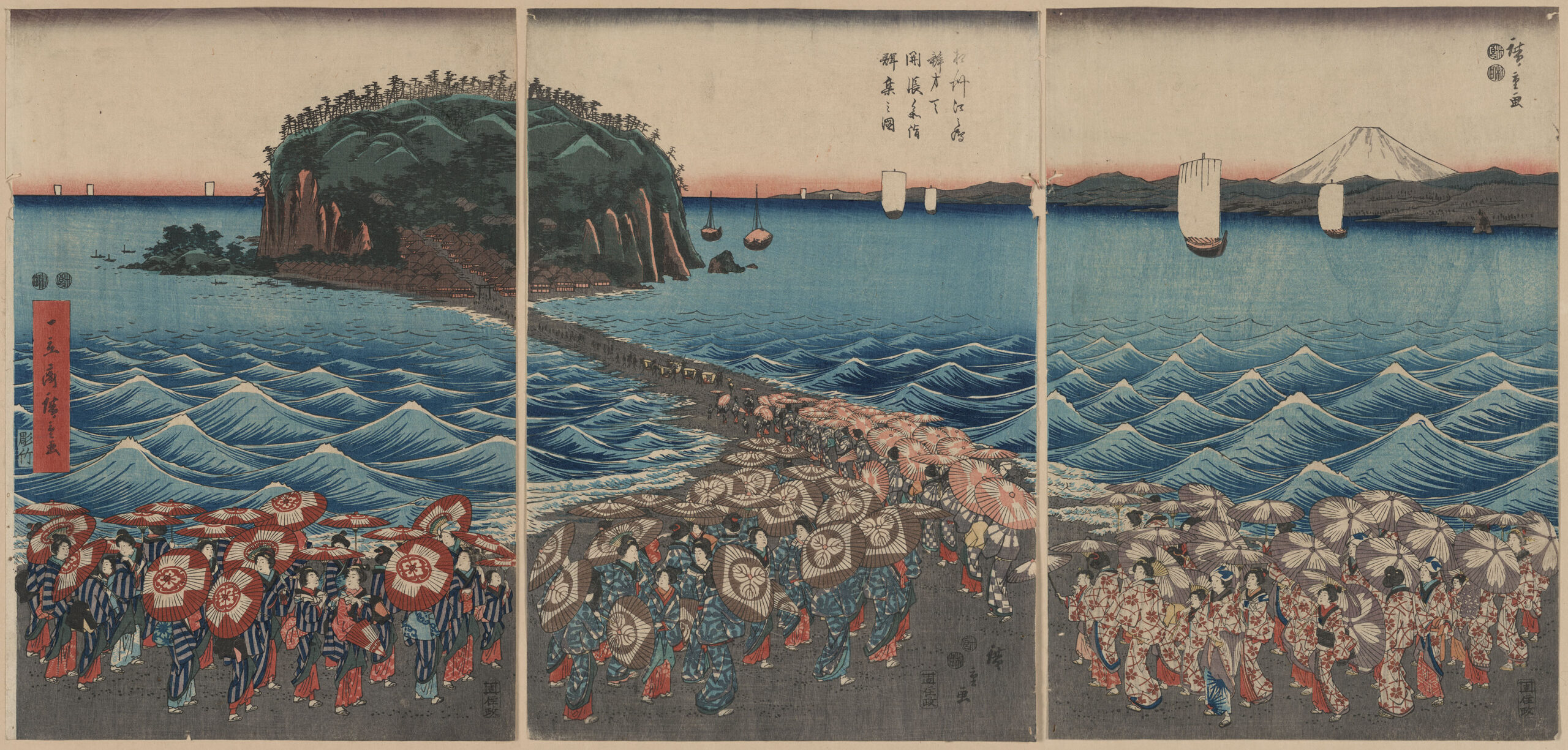 Hiroshiges - Crowds Visiting the Shrine of Benzaiten at Enoshima in Sagami Province on the Occasion of the Special Viewing (Sōshū Enoshima Benzaiten kaichō sankei gunshū no zu) - Miscellaneous Triptychs