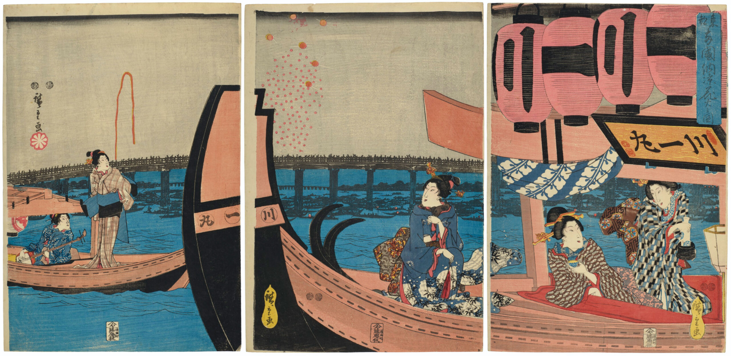 Hiroshiges - Enjoying the Evening Cool and the Fireworks at Ryōgoku Bridge in the Eastern Capital (Tōto Ryōgoku nōryō hanabi no zu) - Miscellaneous Edo Triptychs