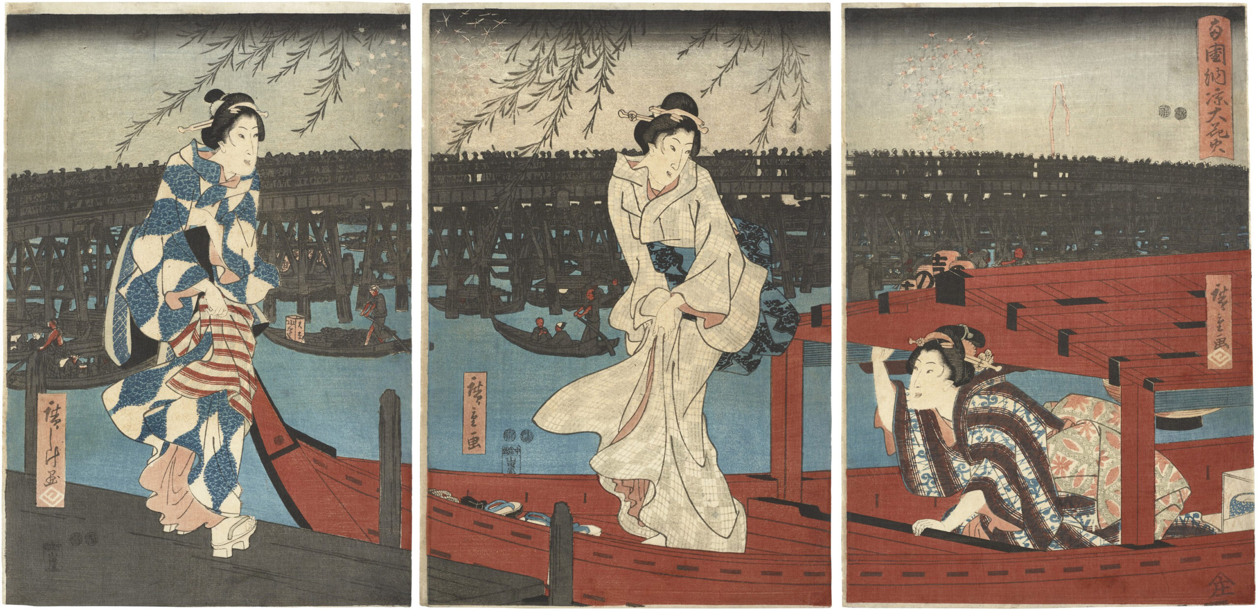 Hiroshiges - Enjoying the Evening Cool and the Great Fireworks at Ryogoku Bridge (Ryogoku noryo ohanabi) - Miscellaneous Edo Triptychs