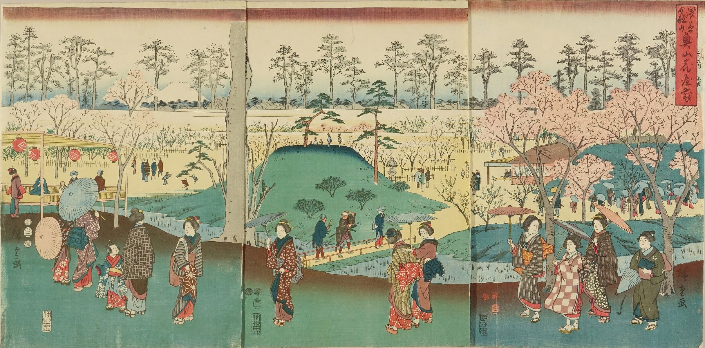 Hiroshiges - Flower garden in the ground of Kinryuzan Temple, Asakusa (Asakusa Kinryuzan okuyama hanayashiki ) - Miscellaneous Edo Triptychs