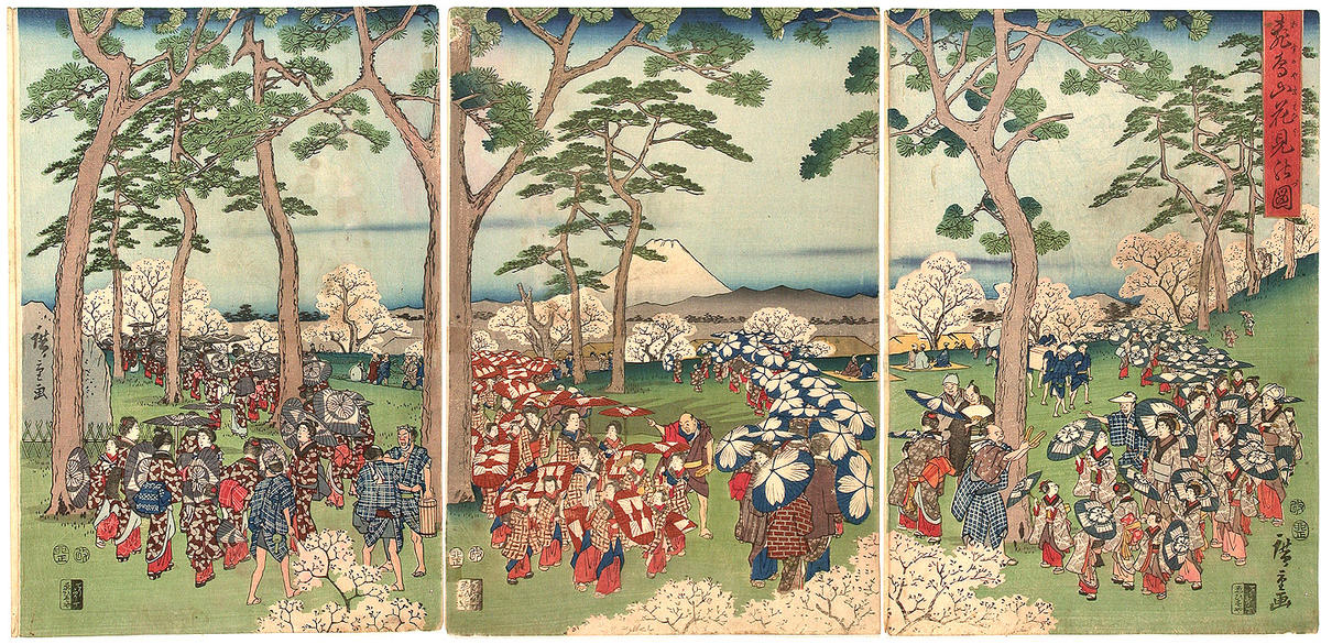 Hiroshiges - Flower Viewing at Asukayama (Asukayama hanami no zu) - Miscellaneous Triptychs