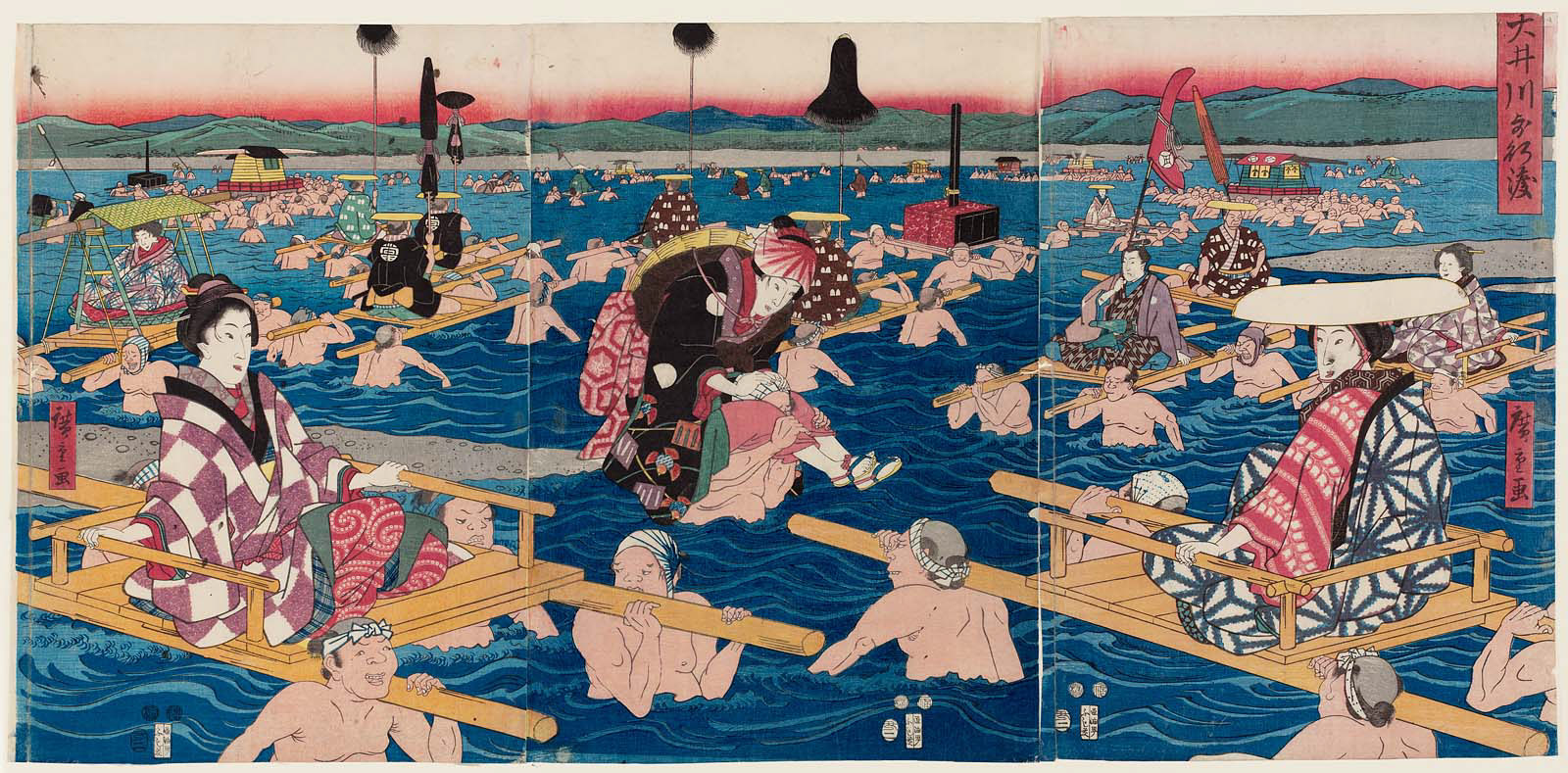 Hiroshiges - Fording the Ōi River (Ōikawa hokō watari) - Miscellaneous Triptychs