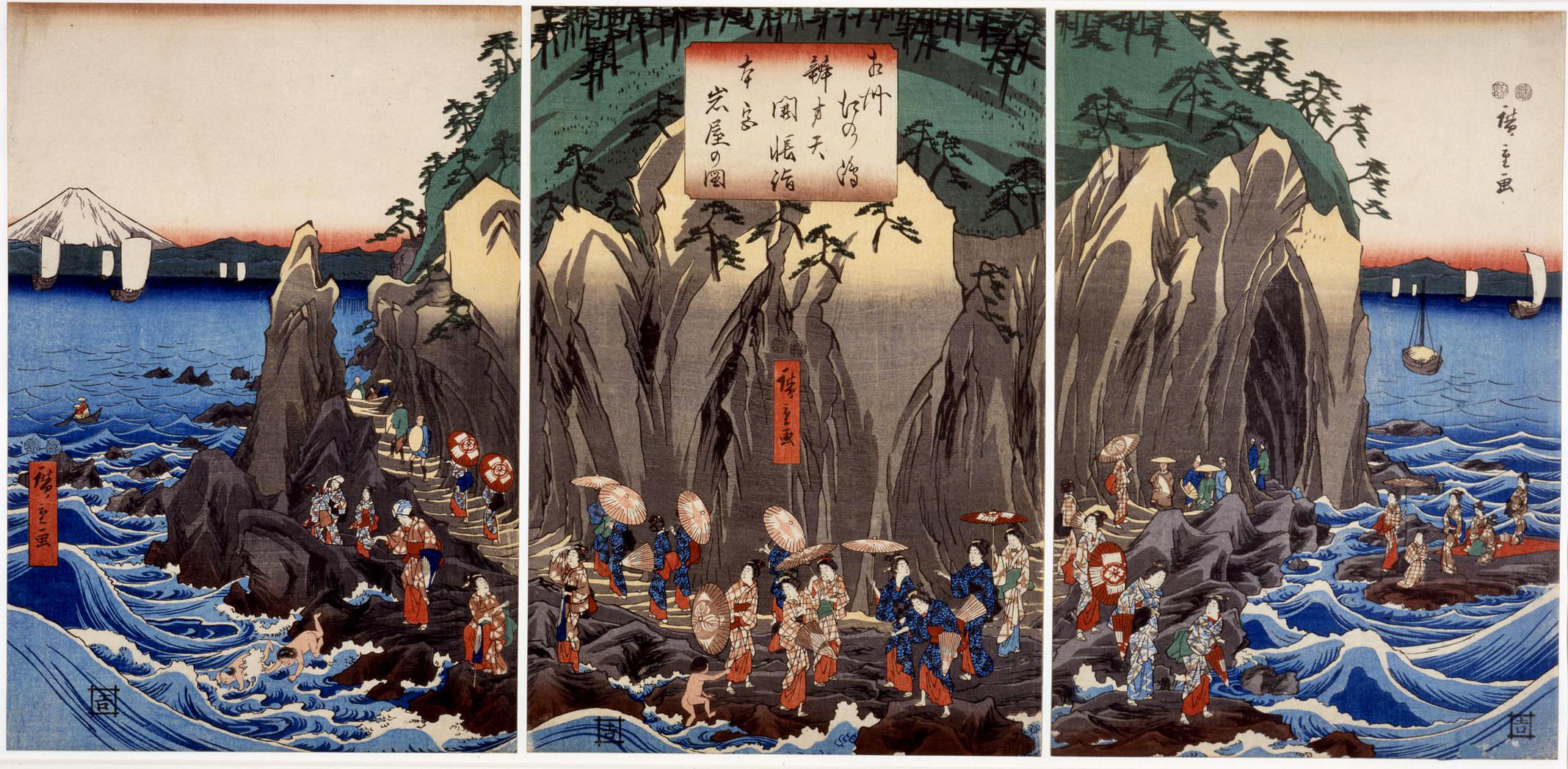 Hiroshiges - Pilgrimage to the Original Shrine of Benten in the Cave at Enoshima in Sagami Province (Sōshū Enoshima Benzaiten kaichō mōde Hongū Iwaya no zu) - Miscellaneous Triptychs