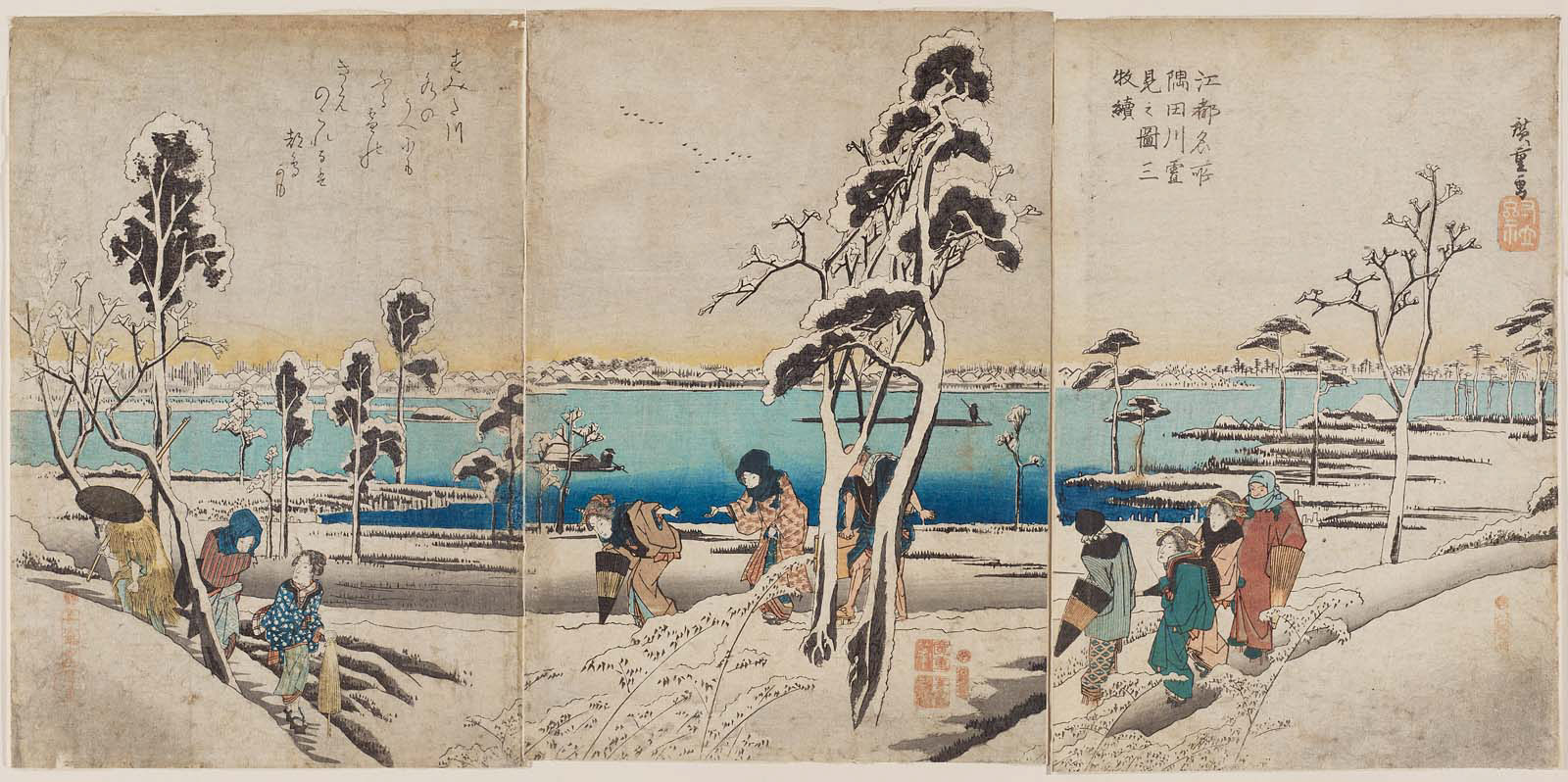 Hiroshiges - Famous Places in Edo: Snow Viewing by the Sumida River, a Triptych (Kōto meisho Sumidagawa yukimi no zu, sanmaitsuzuki) - Miscellaneous Edo Triptychs