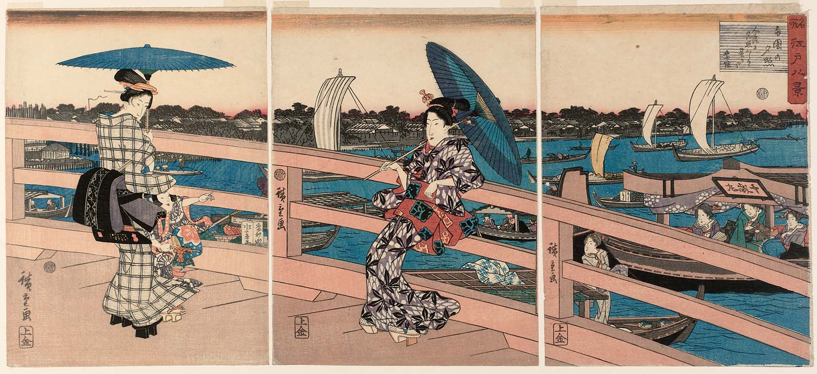 Hiroshiges - Sunset Glow at Ryōgoku Bridge (Ryōgoku no sekishō) - Eight Views of Famous Places in Edo 1843-47