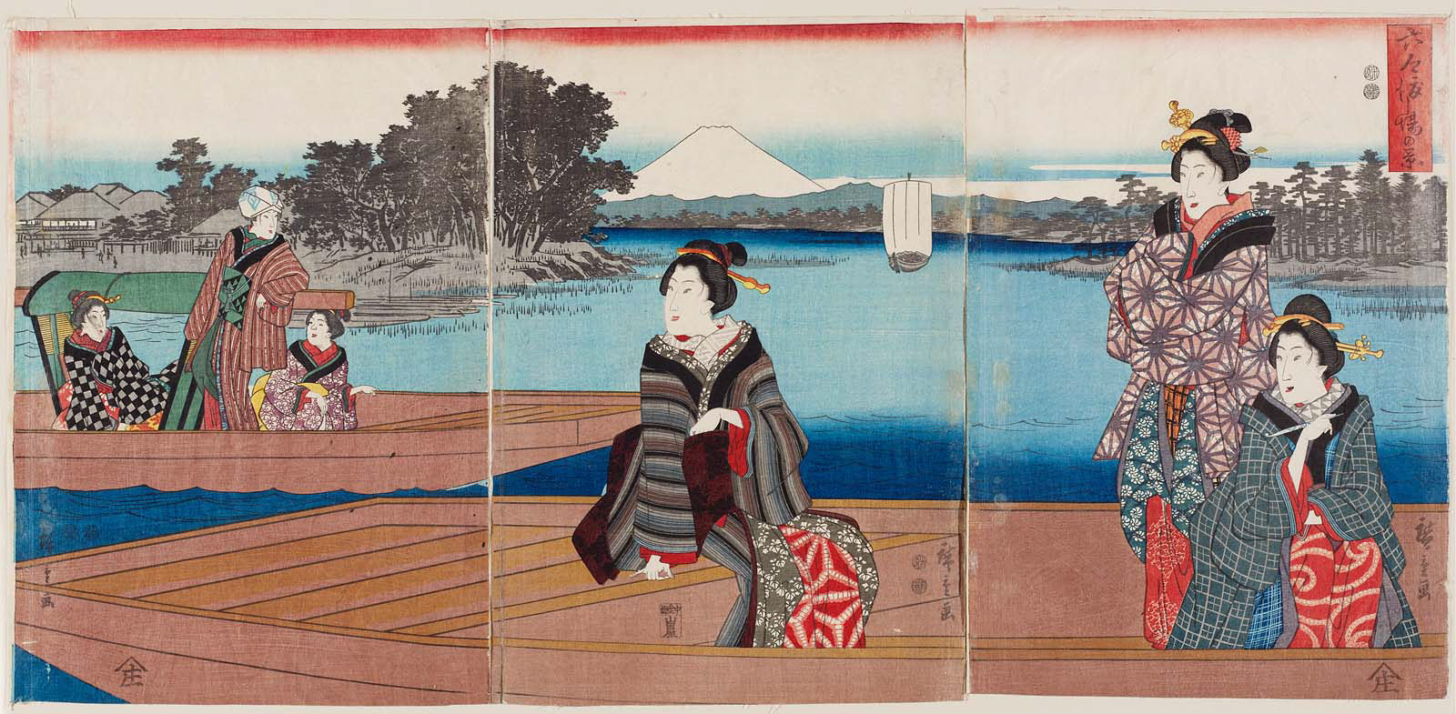 Hiroshiges - View of the Ferry at Rokugō (Rokugō watashiba no kei) - Miscellaneous Triptychs