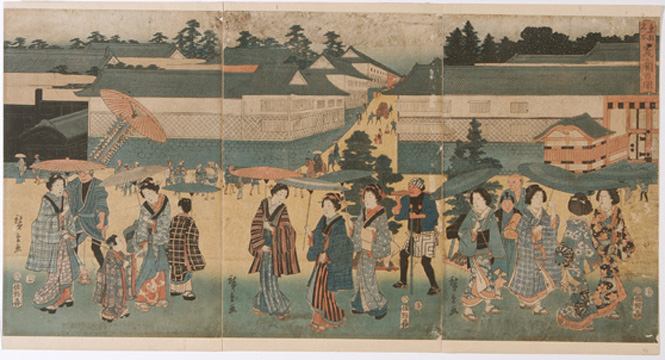 Hiroshiges - View of Kasumi-ga-seki (NE barrier gate) at Edo - Miscellaneous Edo Triptychs