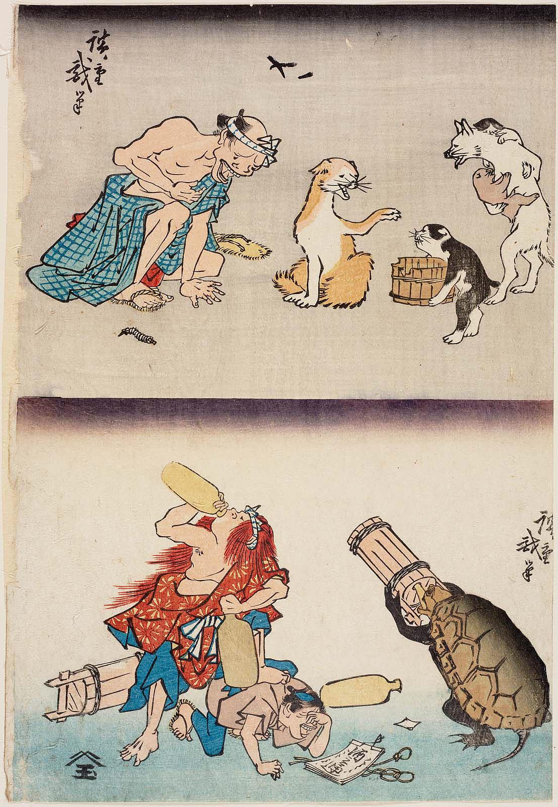 Hiroshiges - Sick Man and Dogs (above); Turtle and Shōjō Stealing Sake (below) - An untitled series of humorous prints