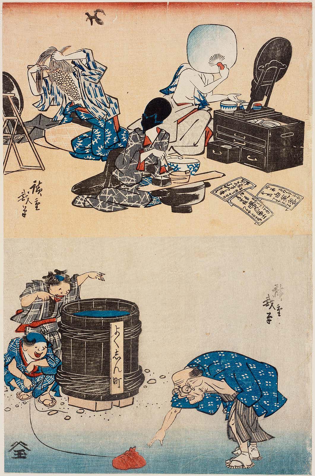 Hiroshiges - Vegetables Applying Makeup (top); Boys Playing a Trick on a Greedy Man (bottom) - An untitled series of humorous prints