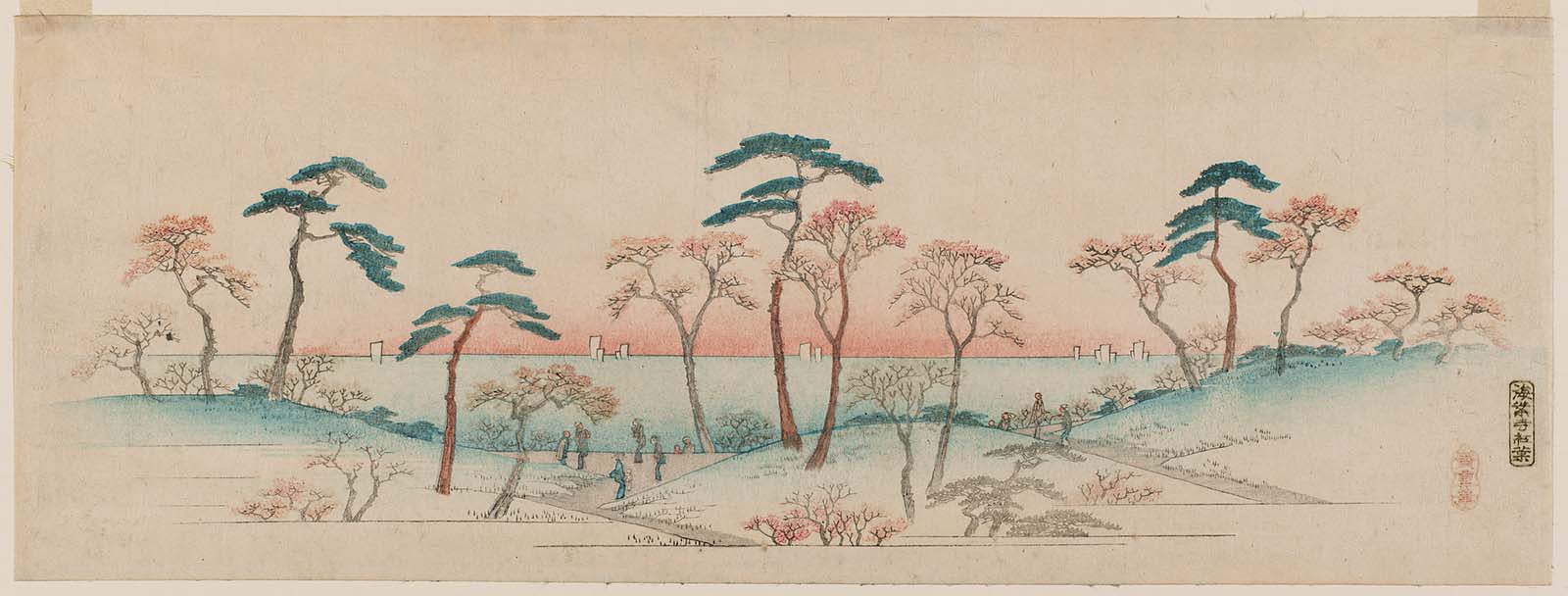 Hiroshiges - Red Maple Leaves at Kaian-ji Temple (Kaian-ji kōyō) - Famous Places in the Suburbs of Edo (Ebangire) 1839