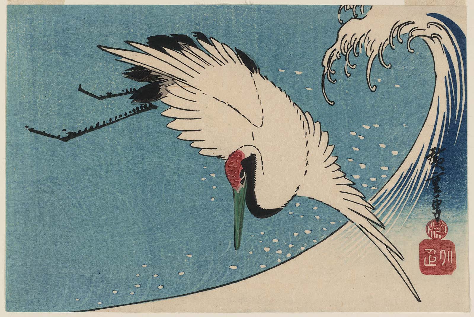 Hiroshiges - Crane Flying over Wave - Yotsugiri Format