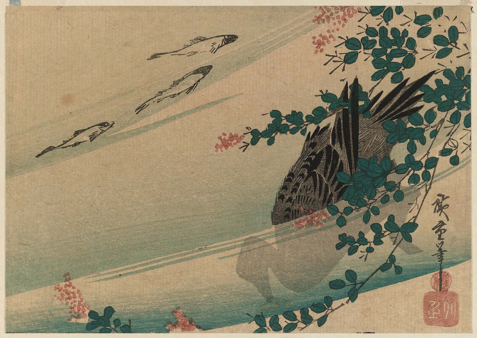 Hiroshiges - Fish, Duck, and Bush Clover - Yotsugiri Format