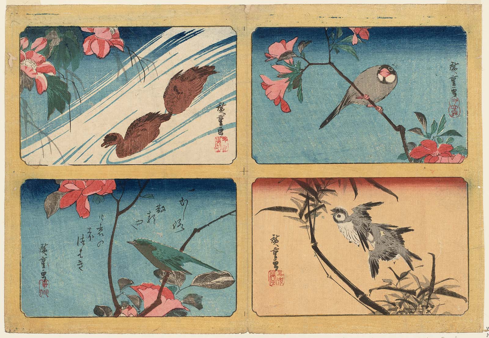 Hiroshiges - Peach Blossoms and Bullfinch (upper right), Bamboo and Sparrows (lower right), Camellia and Warbler (lower left), Hibiscus and Ducks (upper left) - Yotsugiri Format