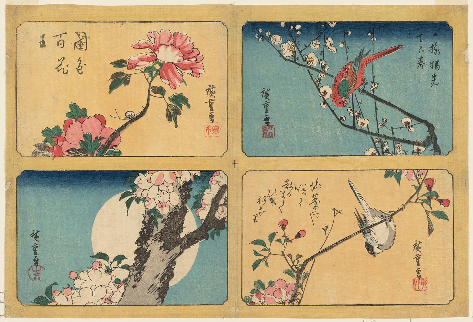 Hiroshiges - Plum Blossoms and Macaw (upper right), Bird on Aronia Branch (lower right), Cherry Blossoms and Full Moon (lower left), Peony and Snail (upper left) - Yotsugiri Format