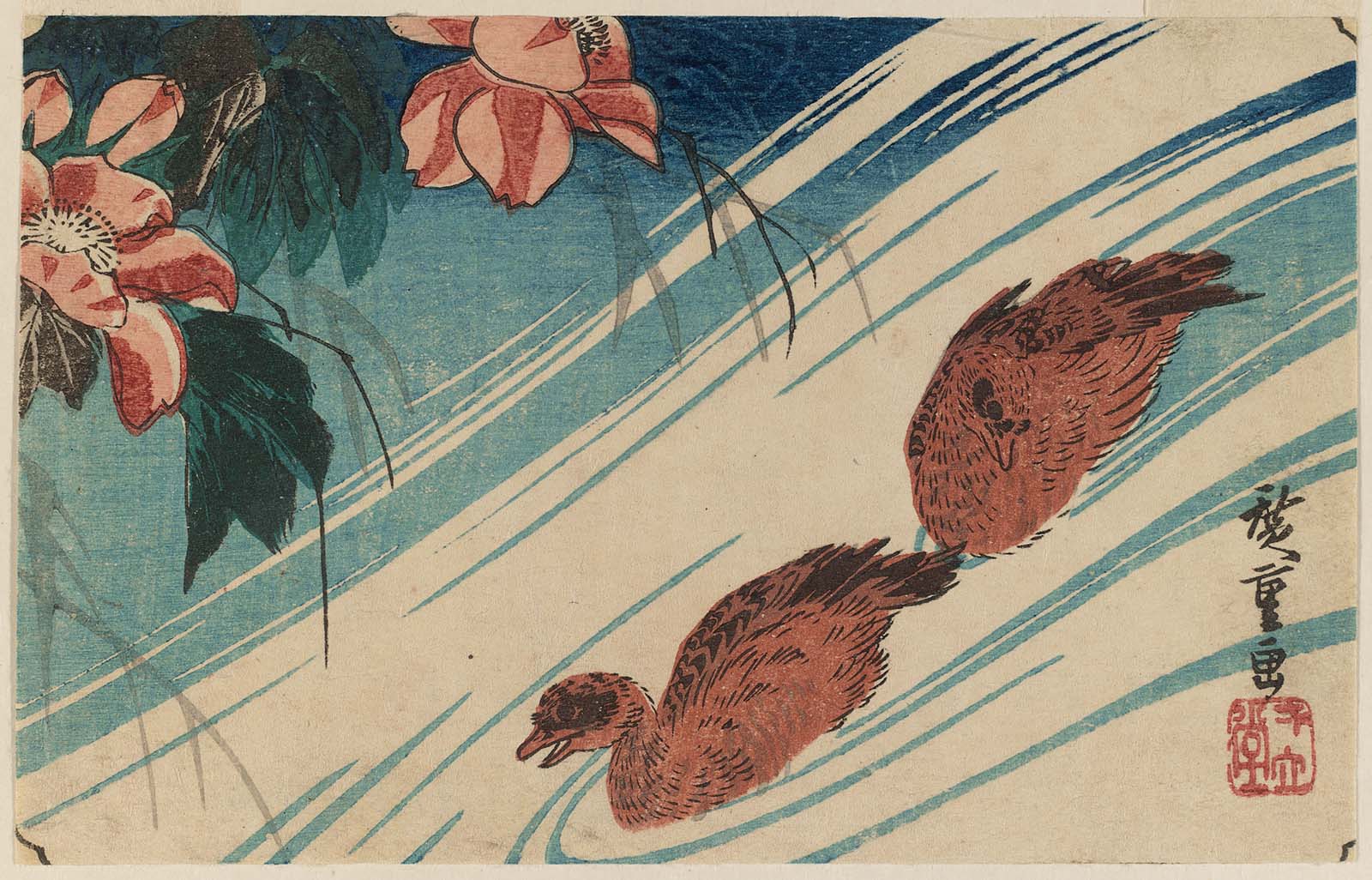 Hiroshiges - Hibiscus and Ducks - Yotsugiri Format