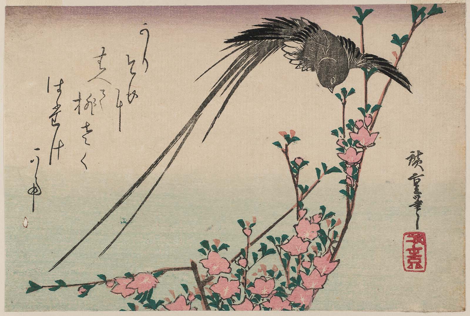 Hiroshiges - Long-tailed Bird and Peach Blossoms - Yotsugiri Format