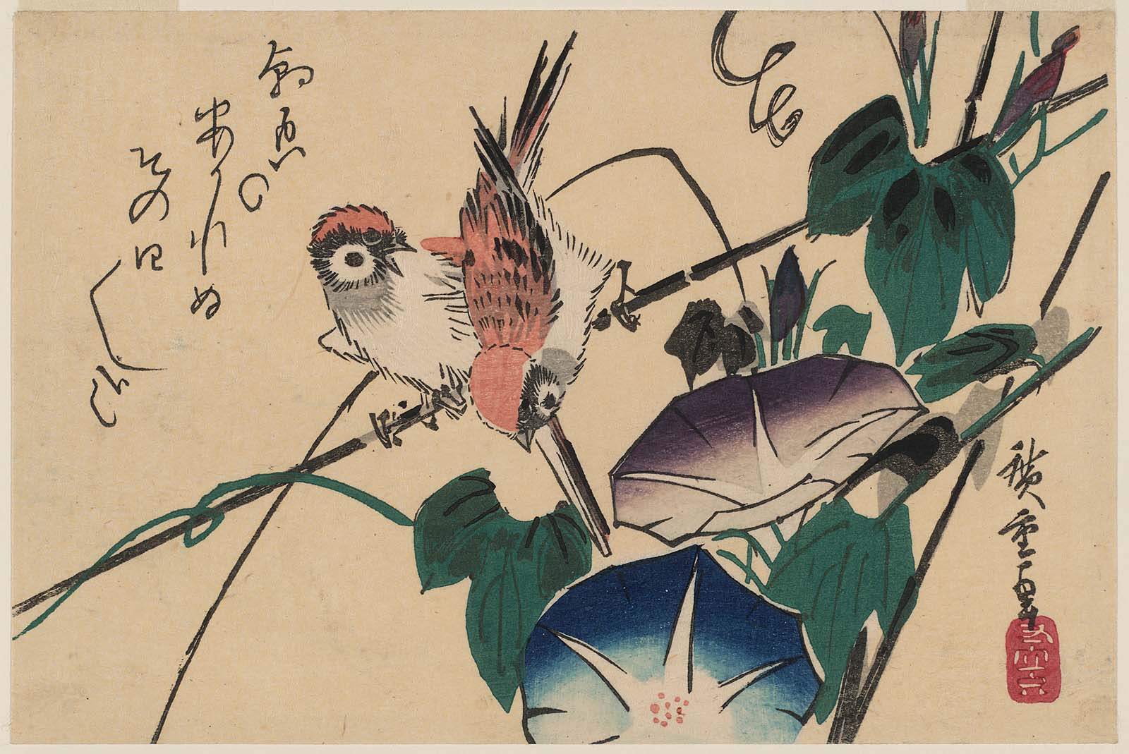 Hiroshiges - Morning Glories and Sparrow - Yotsugiri Format