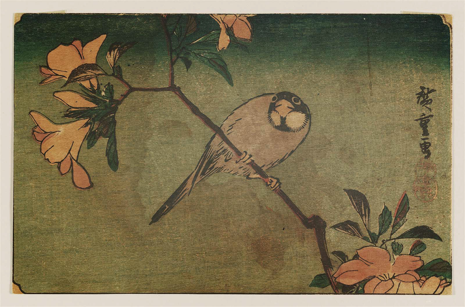 Hiroshiges - Peach Blossoms and Bullfinch - Yotsugiri Format