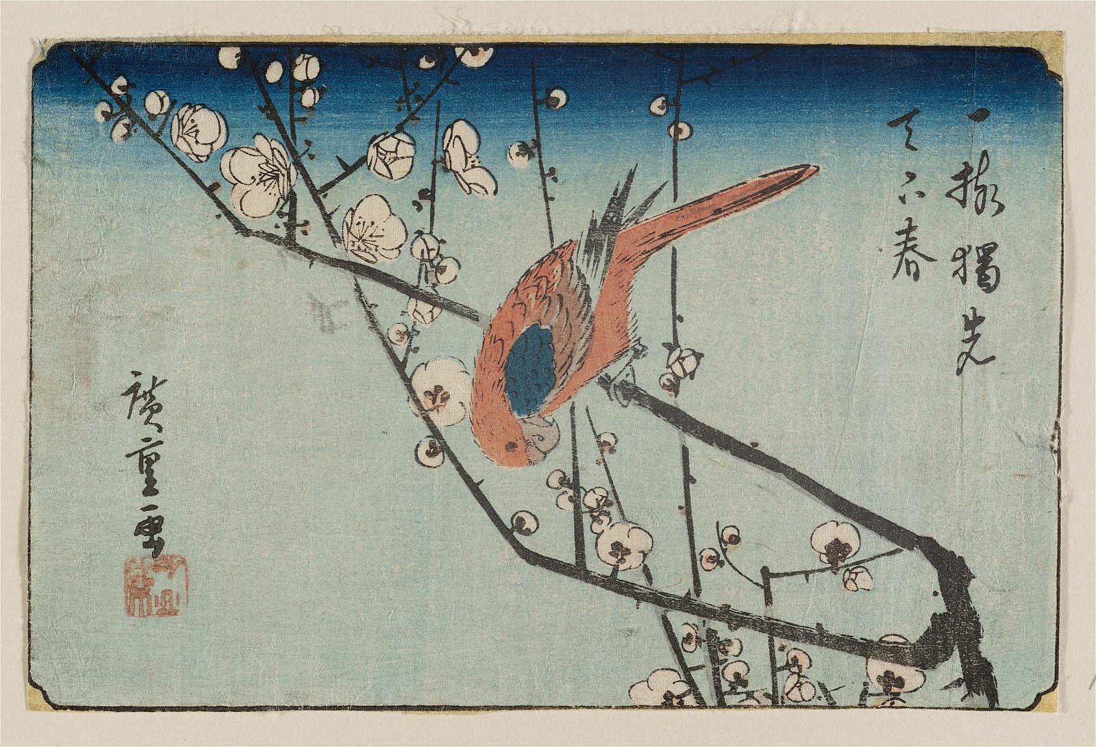 Hiroshiges - Plum Blossoms and Macaw - Yotsugiri Format