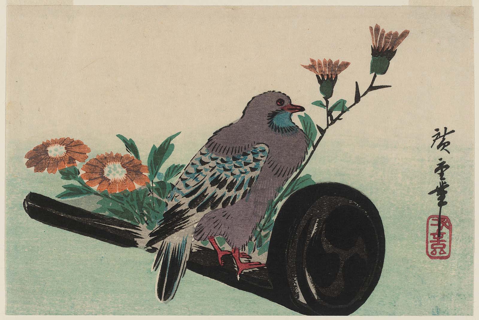 Hiroshiges - Roofing Tile, Marigolds and Pigeon - Yotsugiri Format